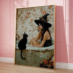 1pc Pondering  In Bathtub Poster, Light Academia Art, Gothic Halloween Print, Pretty Whimsigoth Wall Art, Black Cat Lover Gift, Canvas Posters, Canvas Wall Decor For Home, Living Room, Bed Room, Kitchen ,Bathroom