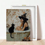 1pc Pondering  In Bathtub Poster, Light Academia Art, Gothic Halloween Print, Pretty Whimsigoth Wall Art, Black Cat Lover Gift, Canvas Posters, Canvas Wall Decor For Home, Living Room, Bed Room, Kitchen ,Bathroom