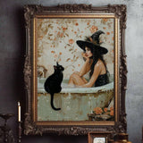 1pc Pondering  In Bathtub Poster, Light Academia Art, Gothic Halloween Print, Pretty Whimsigoth Wall Art, Black Cat Lover Gift, Canvas Posters, Canvas Wall Decor For Home, Living Room, Bed Room, Kitchen ,Bathroom