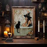 1pc Pondering  In Bathtub Poster, Light Academia Art, Gothic Halloween Print, Pretty Whimsigoth Wall Art, Black Cat Lover Gift, Canvas Posters, Canvas Wall Decor For Home, Living Room, Bed Room, Kitchen ,Bathroom