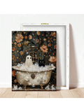 1pc Ghost And Cat In Bathtub, Spooky Bubblebath Halloween Art, Black Cat Canvas Posters, Whimsigoth Bathroom Decor, Canvas Posters, Canvas Wall Decor For Home, Living Room, Bed Room