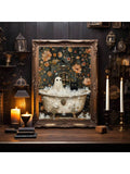 1pc Ghost And Cat In Bathtub, Spooky Bubblebath Halloween Art, Black Cat Canvas Posters, Whimsigoth Bathroom Decor, Canvas Posters, Canvas Wall Decor For Home, Living Room, Bed Room - MapleCo