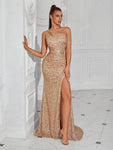 ADYCE Sequin One-Shoulder Ruched Front Slit Open Back Ball Gown Party Dress, Elegant Formal Evening Prom Dress, For Wedding Guest, Graduation, Dinner