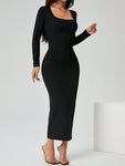 SHEIN PETITE Autumn Wear Solid Color Square Neck Tight Black Long-Sleeved Dress,Ladies Elegant Long Sleeve Square Neck Slim Fit Long Black Regular Sleeve Plain Bodycon Women Long Dresses,Spring/Fall,Casual Daily Wear