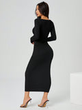 SHEIN PETITE Autumn Wear Solid Color Square Neck Tight Black Long-Sleeved Dress,Ladies Elegant Long Sleeve Square Neck Slim Fit Long Black Regular Sleeve Plain Bodycon Women Long Dresses,Spring/Fall,Casual Daily Wear