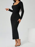 SHEIN PETITE Autumn Wear Solid Color Square Neck Tight Black Long-Sleeved Dress,Ladies Elegant Long Sleeve Square Neck Slim Fit Long Black Regular Sleeve Plain Bodycon Women Long Dresses,Spring/Fall,Casual Daily Wear