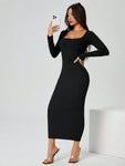 SHEIN PETITE Autumn Wear Solid Color Square Neck Tight Black Long-Sleeved Dress,Ladies Elegant Long Sleeve Square Neck Slim Fit Long Black Regular Sleeve Plain Bodycon Women Long Dresses,Spring/Fall,Casual Daily Wear