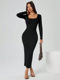 SHEIN PETITE Autumn Wear Solid Color Square Neck Tight Black Long-Sleeved Dress,Ladies Elegant Long Sleeve Square Neck Slim Fit Long Black Regular Sleeve Plain Bodycon Women Long Dresses,Spring/Fall,Casual Daily Wear