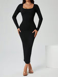 SHEIN PETITE Autumn Wear Solid Color Square Neck Tight Black Long-Sleeved Dress,Ladies Elegant Long Sleeve Square Neck Slim Fit Long Black Regular Sleeve Plain Bodycon Women Long Dresses,Spring/Fall,Casual Daily Wear