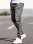 Manfinity LEGND Men Ripped Frayed Skinny Jeans, Plain Dark Blue Slim Fit Long Cargo Jeans, For Husband, Boyfriend Gifts