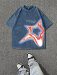 Men's Washed Distressed Graffiti Five-Pointed Star Print Round Neck Short-Sleeved Casual T-Shirt - MapleCo