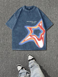 Men's Washed Distressed Graffiti Five-Pointed Star Print Round Neck Short-Sleeved Casual T-Shirt - MapleCo