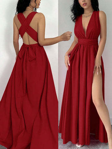 SHEIN Raffinéa Sexy Backless High Slit Long Formal Dress