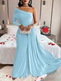 Solid Color Elegant Pleated Long Sleeve Dress With Asymmetric Neckline