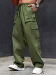 Manfinity Roughcore Men's Plus Size Streetwear Loose Fit Cargo Pants With Drawstring Waistband Baggy Long Olive Green Going Out