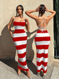 SHEIN Foxxy Women's Clothing Summer Casual Vacation Halter Neckline Outfits Striped Print Crisscross Tie Backless Cami Bodycon Dress