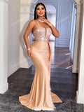 CHOSMO CHOSMO Back Zip Up Backless Halter Sequin Spliced Maxi Skirt High Waist And Side Slit Ribbon Slim Fit Elegant Evening Dress Women's Prom Dress, Formal Gown, For Wedding Guest, Graduation, Dinner