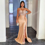 CHOSMO CHOSMO Back Zip Up Backless Halter Sequin Spliced Maxi Skirt High Waist And Side Slit Ribbon Slim Fit Elegant Evening Dress Women's Prom Dress, Formal Gown, For Wedding Guest, Graduation, Dinner