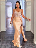 CHOSMO CHOSMO Back Zip Up Backless Halter Sequin Spliced Maxi Skirt High Waist And Side Slit Ribbon Slim Fit Elegant Evening Dress Women's Prom Dress, Formal Gown, For Wedding Guest, Graduation, Dinner