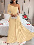 Solid Color Elegant Pleated Long Sleeve Dress With Asymmetric Neckline