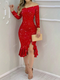 Off Shoulder Long Sleeve Solid Color Sexy High Slit Elegant Ruffle Hem Glitter Party Dress