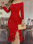 Off Shoulder Long Sleeve Solid Color Sexy High Slit Elegant Ruffle Hem Glitter Party Dress