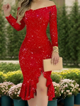 Off Shoulder Long Sleeve Solid Color Sexy High Slit Elegant Ruffle Hem Glitter Party Dress