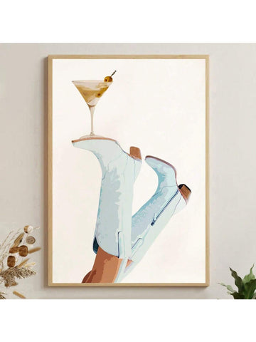 1pc Unframed,Light Blue Cowboy Boots Poster,Cowgirl Martini Canvas Prints, Fashion Decor,Flirtatious Wall Art, Artwork Wall Painting For Gift, For Bedroom, Bathroom, Living Room, Wall Decor, Home And Dormitory Decoration - MapleCo