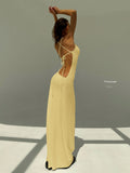 Aloruh White Backless Spaghetti Strap Tight Deep Draped Neck Long Dress For Women