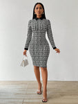 SHEIN Lady Spring And Summer  Office Dress  Dresses  Casual Elegant Work Houndstooth Bodycon Dress Shirt Collar Tweed Women Dresses