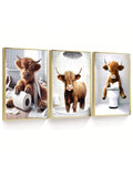 3pcs/Set Scottish Highland Cow Funny Bathroom Printed Canvas Poster, Farm Animal Humor, Fantastical Highland Cow Enthusiast Gifts, Wall Canvas Art, Animal Art,No Frames Include