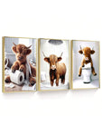 3pcs/Set Scottish Highland Cow Funny Bathroom Printed Canvas Poster, Farm Animal Humor, Fantastical Highland Cow Enthusiast Gifts, Wall Canvas Art, Animal Art,No Frames Include