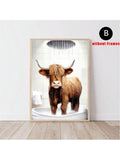 3pcs/Set Scottish Highland Cow Funny Bathroom Printed Canvas Poster, Farm Animal Humor, Fantastical Highland Cow Enthusiast Gifts, Wall Canvas Art, Animal Art,No Frames Include