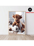 3pcs/Set Scottish Highland Cow Funny Bathroom Printed Canvas Poster, Farm Animal Humor, Fantastical Highland Cow Enthusiast Gifts, Wall Canvas Art, Animal Art,No Frames Include