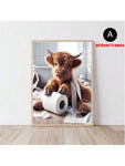 3pcs/Set Scottish Highland Cow Funny Bathroom Printed Canvas Poster, Farm Animal Humor, Fantastical Highland Cow Enthusiast Gifts, Wall Canvas Art, Animal Art,No Frames Include