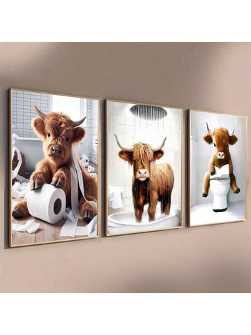 3pcs/Set Scottish Highland Cow Funny Bathroom Printed Canvas Poster, Farm Animal Humor, Fantastical Highland Cow Enthusiast Gifts, Wall Canvas Art, Animal Art,No Frames Include