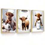 3pcs/Set Scottish Highland Cow Funny Bathroom Printed Canvas Poster, Farm Animal Humor, Fantastical Highland Cow Enthusiast Gifts, Wall Canvas Art, Animal Art,No Frames Include