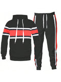 Mens Color Block Stripe Cotton Hoodie And Sweat Pant Jogger Set Co-Ord Long Sleeve Two-Piece Set