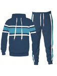 Mens Color Block Stripe Cotton Hoodie And Sweat Pant Jogger Set Co-Ord Long Sleeve Two-Piece Set