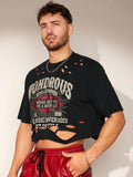 FeverCity Men's Oversized English Text Graphic Ripped Short Knit Tee, Suitable For Summer