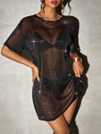 SHEIN SXY Black Shiny Mesh Sheer Short Dress, Summer