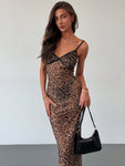 Aloruh New Sexy Leopard Print Mesh Spaghetti Strap Bodycon Dress