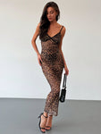 Aloruh New Sexy Leopard Print Mesh Spaghetti Strap Bodycon Dress