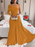 Solid Color Elegant Pleated Long Sleeve Dress With Asymmetric Neckline