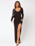 SHEIN SXY Spring And Summer Thigh-High Slit Scoop Neck Flirty Tight Black Long-Sleeved Dress