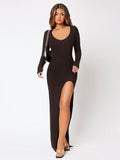 SHEIN SXY Spring And Summer Thigh-High Slit Scoop Neck Flirty Tight Black Long-Sleeved Dress