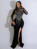 1pc Sexy V-Neck Long Sleeve Crystal Beaded Split Hem Dress,Wedding Event Dress, Black Elegant Formal Evening Prom Gown, For Wedding Guest, Graduation, Dinner