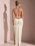 SHEIN BAE Summer Romantic Date Beach Vacation White Sexy Backless High Slit Halter Wrap Ruffle Tie Front Dress For Women