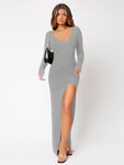 SHEIN SXY Spring And Summer Thigh-High Slit Scoop Neck Flirty Tight Black Long-Sleeved Dress