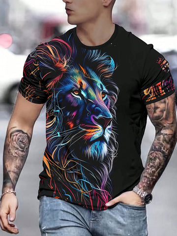 Manfinity LEGND Men's Summer Lion Print Crew Neck Short Sleeve Casual T-Shirt